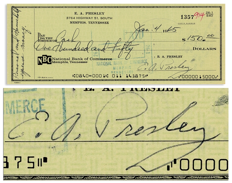 Elvis Presley Check Signed From 4 January 1965 Made Out to Cash -- With COA From Graceland Authenticated